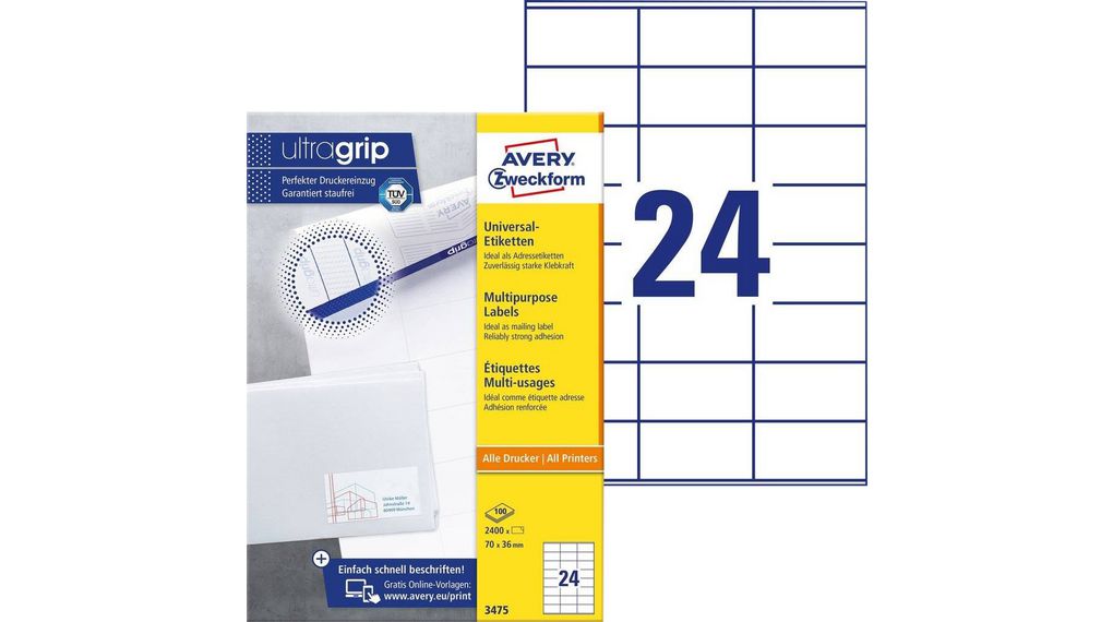 Multipurpose Labels 70x36mm, Paper, 70 x 36mm, 100x 24pcs, White